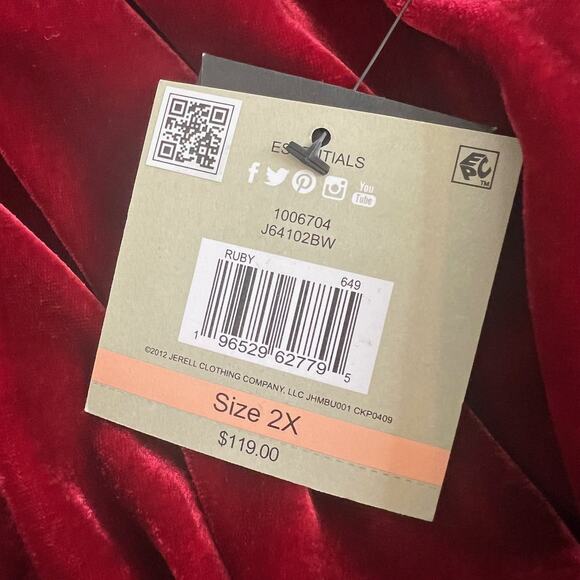 John Mark Womens Velvet Tunic 2X Ruby Red Button Front Wired Collar 3/4 Sleeve - Picture 6 of 7